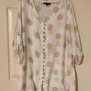Women’s White Tunic with Tan Polka Dots and Button-Front